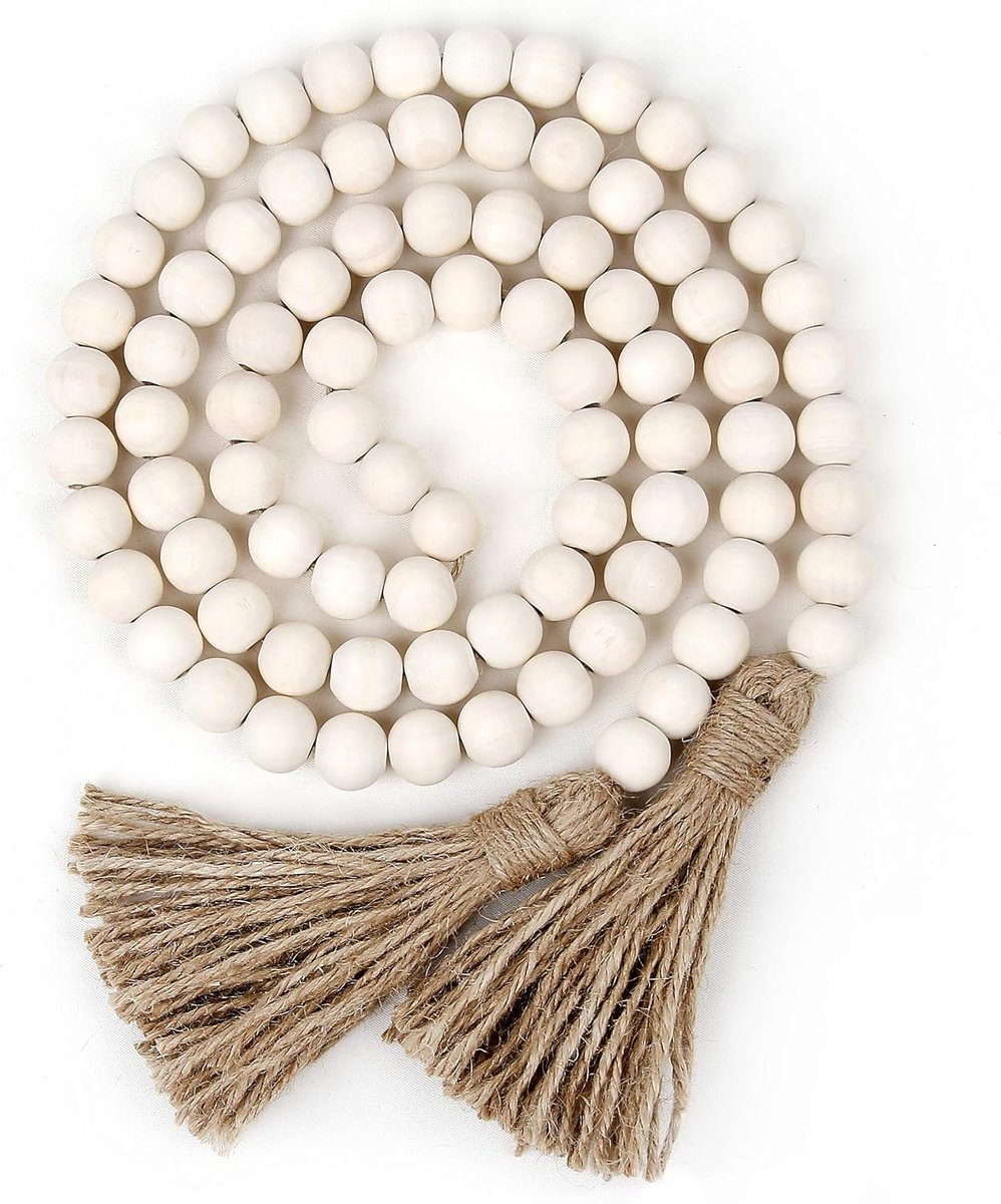 Houten kralenkrans met kwastjes in natuurlijke kleur voor landelijke bohemien wanddecoratie
