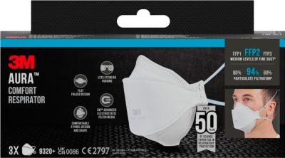 3M Einweg Atemschutzmaske AURA™ 9320+, Filterklasse FFP2, ohne Ventil, 3-teilig, faltbar, weiß, Packung mit 3 Stück