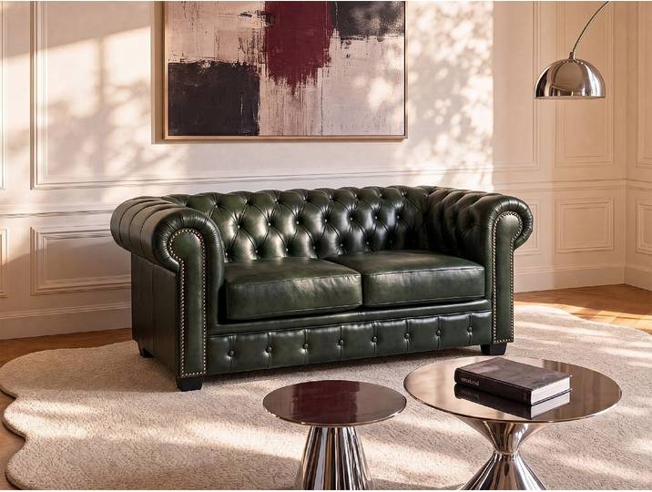Chesterfield Ledersofa 2-Sitzer - Büffelleder - Schwarzgrün - BRENTON