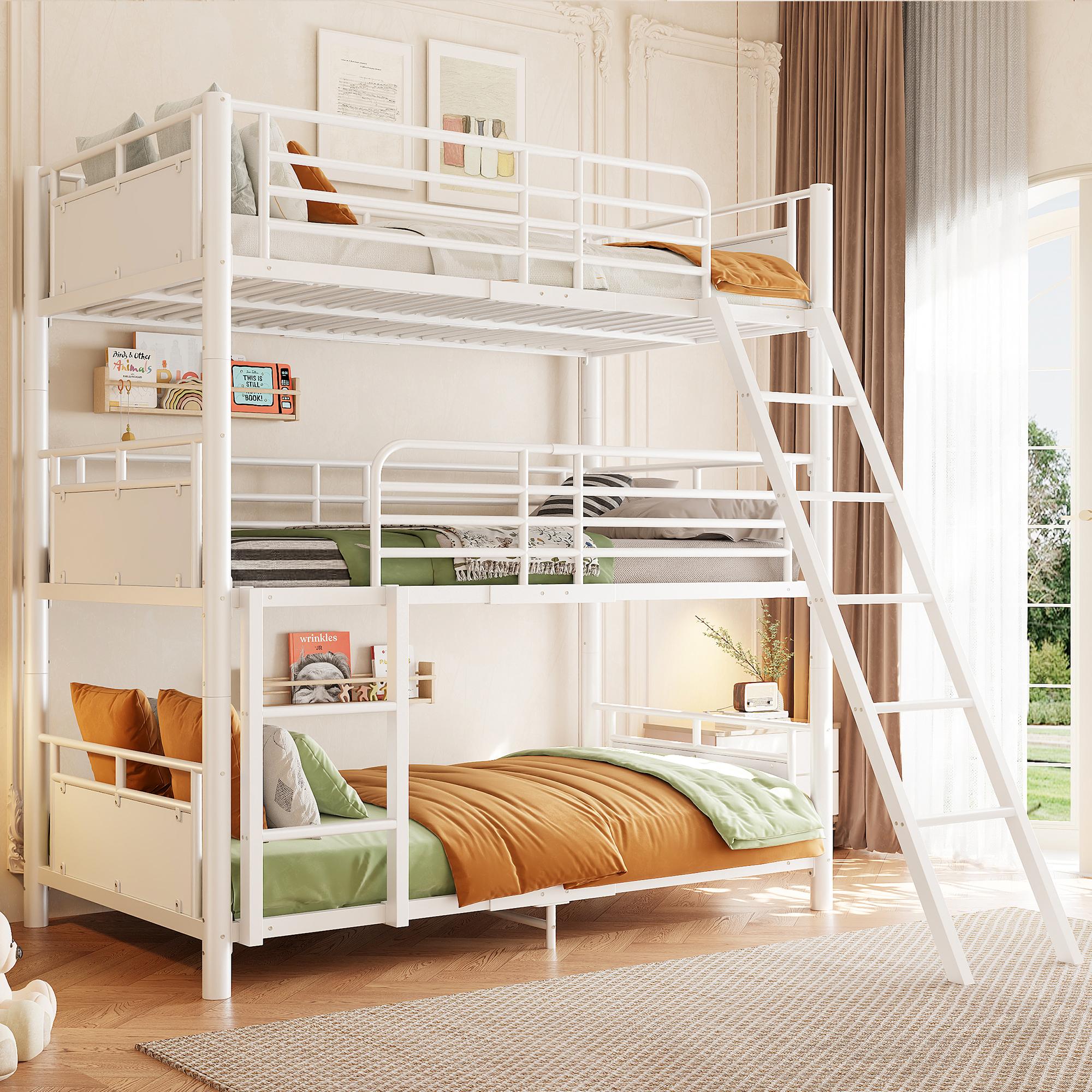 Etagenbett 90x200cm, Metall, 3 Schlafebenen, 2 Leitern, platzsparend (White)