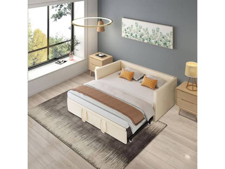 Lit gigogne 90/180x200 cm canapé-lit extensible velours blanc sommier à lattes lit simple 90 x 200 / lit double 180 x 200