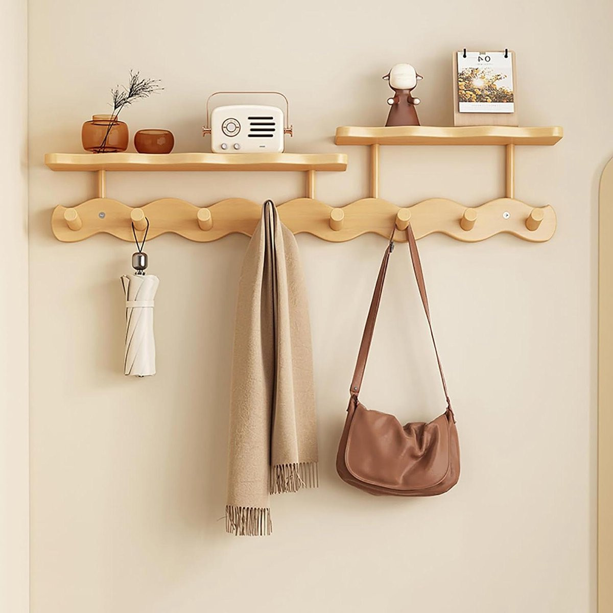 Houten Wandorganizer Golfvormige Kapstok voor Hal, Keuken, Slaapkamer of Badkamer - Houtkleur