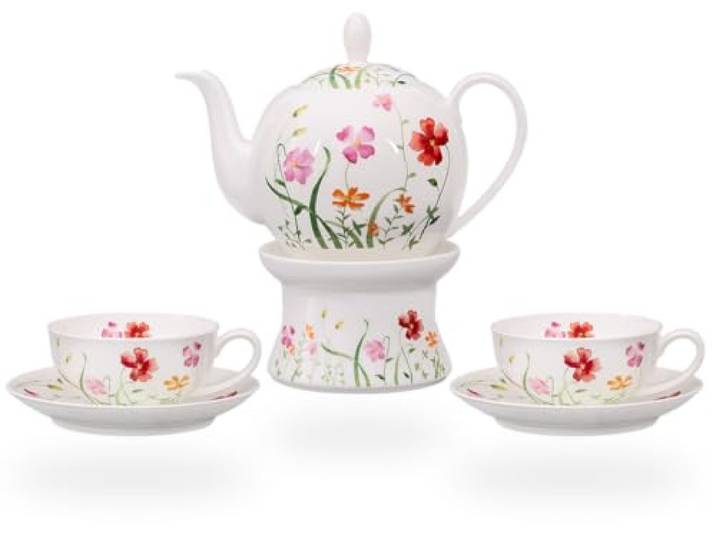 tea4chill Teeservice aus Fine Bone China Porzellan. Teekanne 1l Füllvolumen, 2 Teetassen 150ml und 2 Untertassen und Stövchen. Design stilvoll. Modell: Lotta