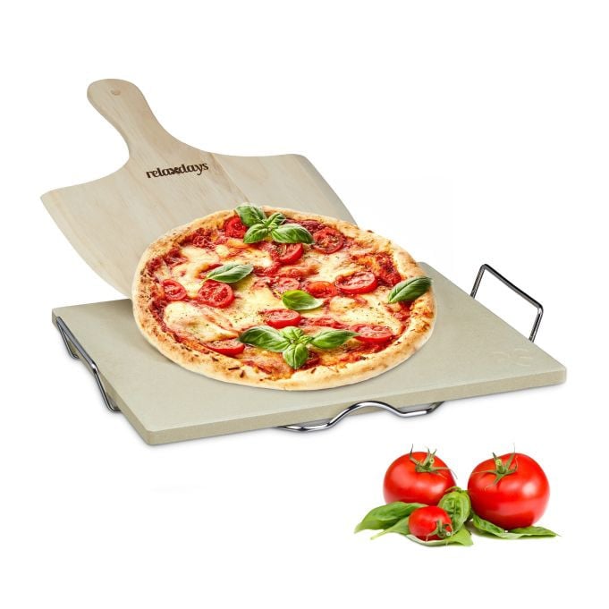 Relaxdays Pizzasteen Set met Pizzaschep, Cordieriet, Beige, B: 38,0 cm x D: 30,0 cm x H: 1,5 cm