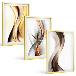 BILDER SET 3er Set - 40x60 cm Goldrahmen - Gelbgrau-braune Wellen