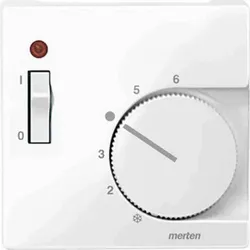 Merten System M Zentralplatte, Raumtemperaturregler, polarweiß, glänzend, Sonderaufdruck, Kontrollfenster/Lichtauslass