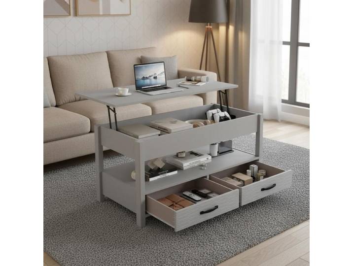 Table basse réglable en hauteur avec plateau relevable et 2 tiroirs. Table de canapé, table basse.