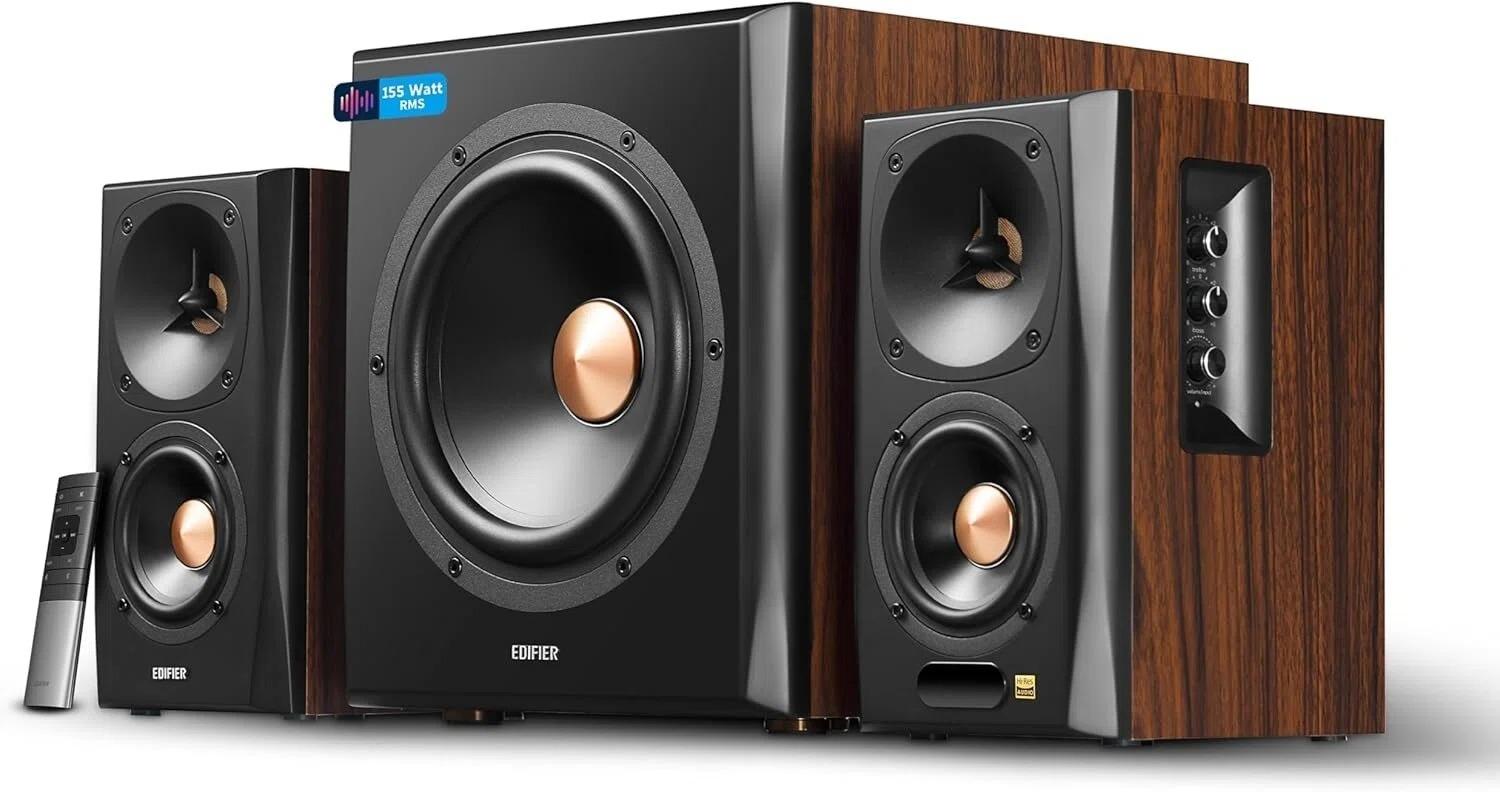 Edifier S360DB Aktivlautsprecher 2.1 HiFi Soundsystem mit Subwoofer, Bluetooth aptX HD, Regallautsprecher mit optischem & koaxialem Eingang - Braun