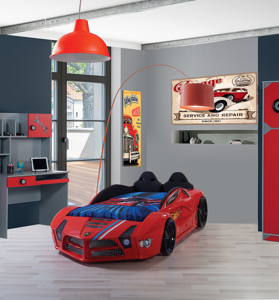 Autobett Rot Luxury Safety 90x190 cm mit Frontbeleuchtung und Rennwagensound inkl. Lattenrost