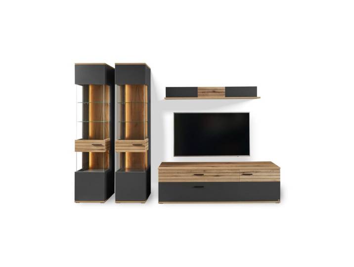 set one by Musterring Quincy Wohnwand 4-teilig Type 28 – inkl. LED-Beleuchtung - Dekor anthrazit zwei Vitrinen, Lowboard, Wandboard, mit warmer Beleuchtung, Blickfang im Wohnzimmer, 5 Jahre Garantie Modern, Skandinavisch