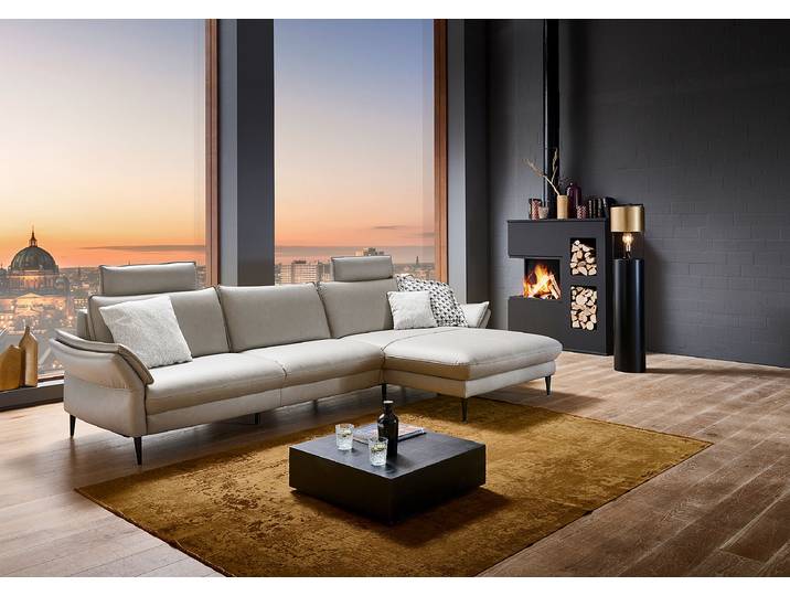 Ecksofa Bern mit opt. Relaxfunktion Grau Echtleder Viera 334 x 86 x 172cm Longchair davorstehend rechts Kopfstütze verstellbar Modern