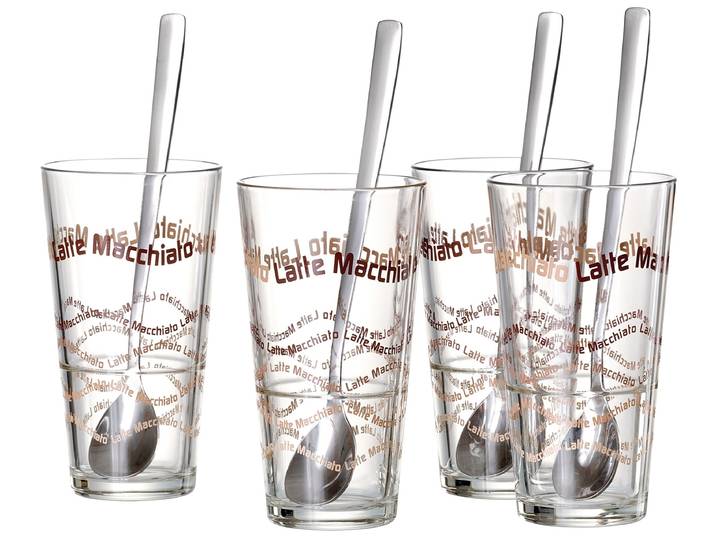 Latte-Macchiato-Glas RITZENHOFF & BREKER, braun (transparent, braun), H:14,2cm, Glas, Trinkgefässe, Latte-Macchiato-Glas, 4 Gläser, 4 Longdrinklöffel