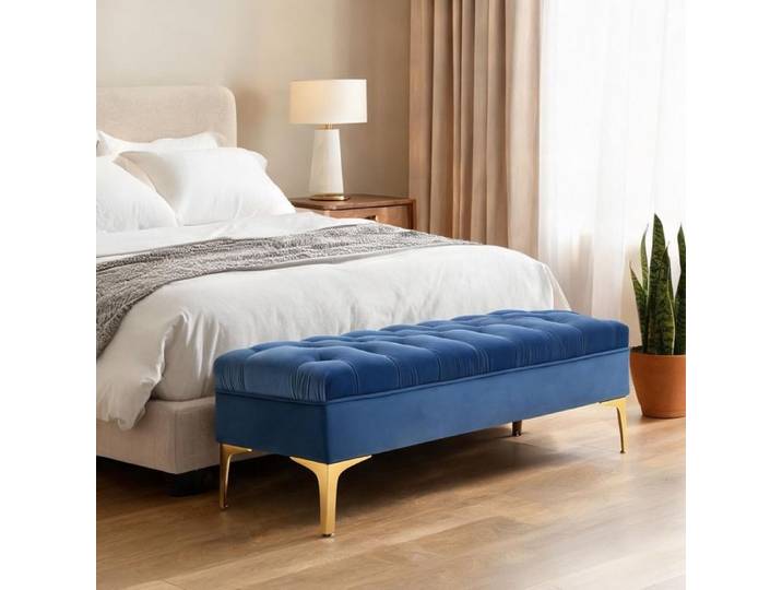 Banquette bout de lit capitonnée velours bleu 118x45x42 cm piètement métal doré style classique chic