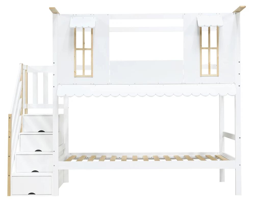 Kinderbett - Etagenbett 90 x 200 cm - Treppe mit Stauraum - Fenster - Wellblech-Dachkante - 2 Filzteile - Weiß/Natur