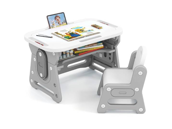 Montessori 3-In-1 Kindertafel met Stoel In Hoogte Verstelbare Kindertafel met Kantelbaar Whiteboard Opslagruimte Grijs