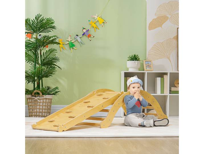 AIYAPLAY 4 en 1 Arche escalade enfants, chaise à bascule, rampe d'escalade double face et coussin, 168x49,5x39,5cm, bois naturel