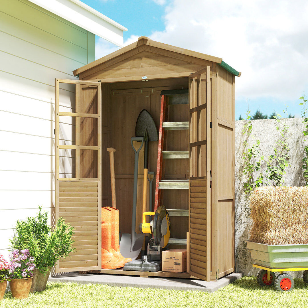 Outsunny Wooden Small Garden Outdoor Storage Cabinet Waterproof Light Brown Brown 128cm W X 57.5cm D X 197cm H