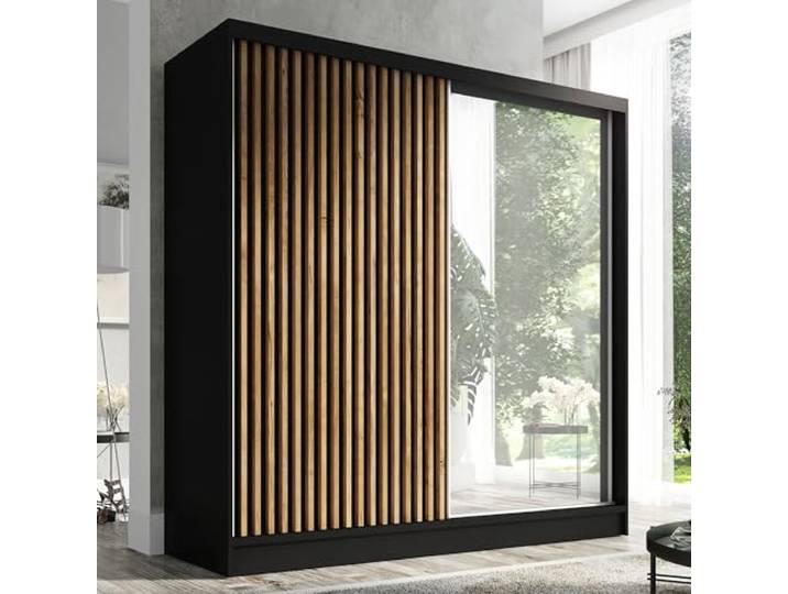 A&J MöbelLand Schwebetürenschrank LINA Kleiderschrank 200 cm mit Spiegel, 3 Schubladen & 3D-Lamellen (Schwarz)