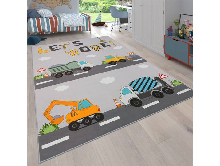 Kinderteppich PACO HOME Bino 578 , grau, B:160cm H:4mm L:220cm, Polyester, Teppiche, Kinderteppich, Spielteppich, Motiv Autos & Baustelle, Kinderzimmer