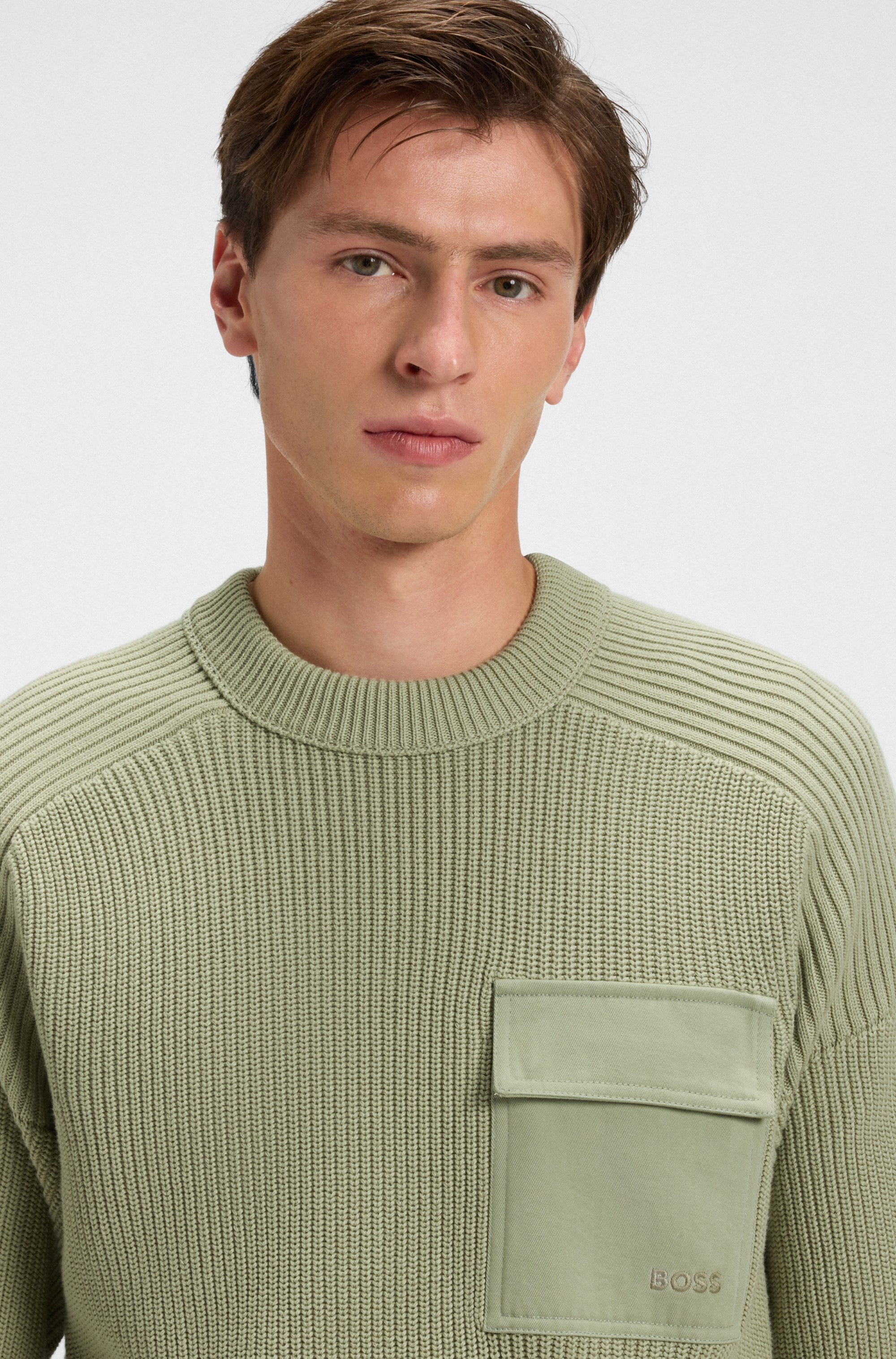 Strickpullover BOSS ORANGE "Kalamaro", Herren, Gr. XXL, grün (open grün370), Strick, Obermaterial: 100% Baumwolle, unifarben, regular fit hüftlang, Rundhals, Bündchen, Pullover Strickpullover, mit Brusttasche
