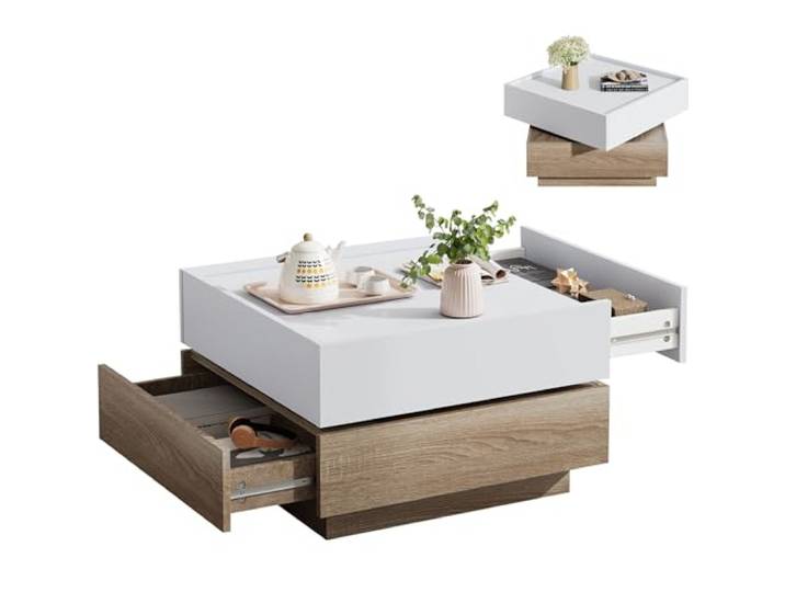 SEEDWAVE Couchtisch mit 360° drehbarer Ober-Tischplatte, 60x60 cm Sofatisch, modern und quadratisch, mit 2 grifflosen Schubladen, Wohnzimmertisch mit Stauraum