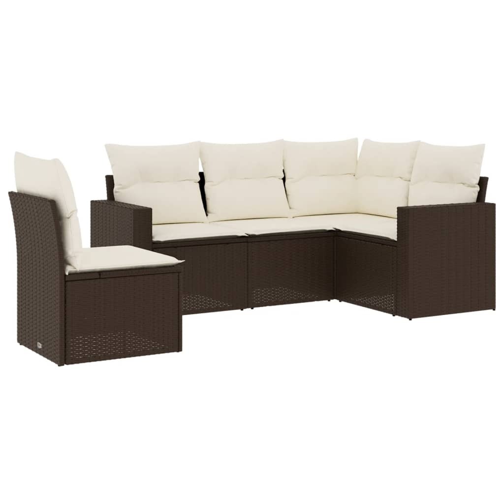 Modulare Garten-Sofagarnitur, 5-teilig, aus braunem PE-Rattan, mit Stauraum & wasserabweisendem Beutel, UV-beständig, Kissen cremeweiß
