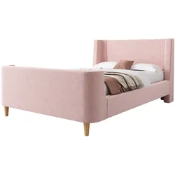 OKWISH Schlittenbett 200x90 mit Cartoon Weltraummuster Samtbezug stabiler Massivholz Lattenrost gepolstertes Kopfteil Schaumstoff Komfort Rosa