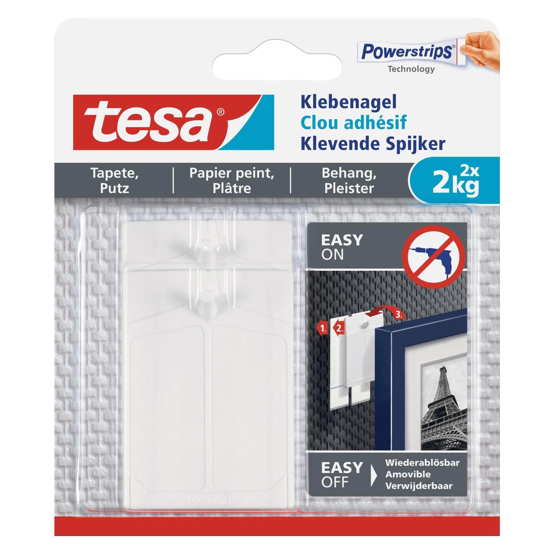 tesa Klebenagel für Tapete & Putz, 2kg Halteleistung, spurlos ablösbar & wiederverwendbar, 2 Nägel (77776-00000-00)