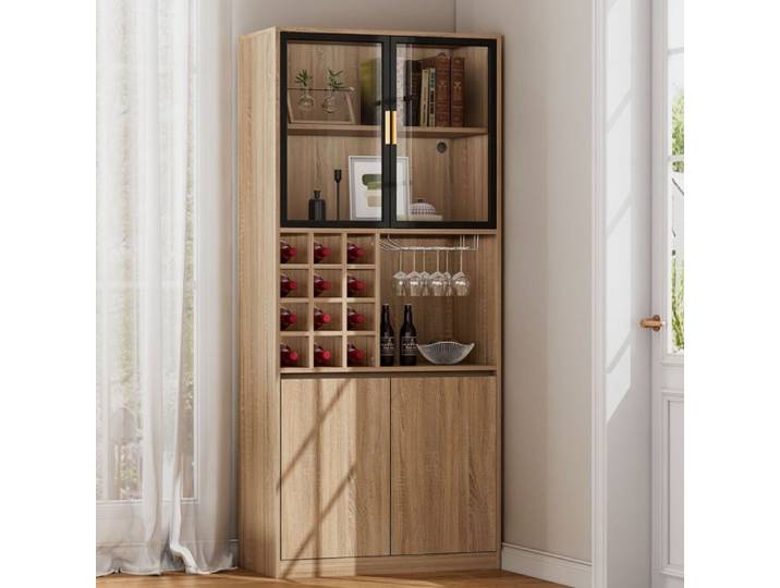 Meuble de salle de bain - LANGTU - Vitrine 180 cm - MDF - Portes vitrées - Éclairage LED 3 couleurs