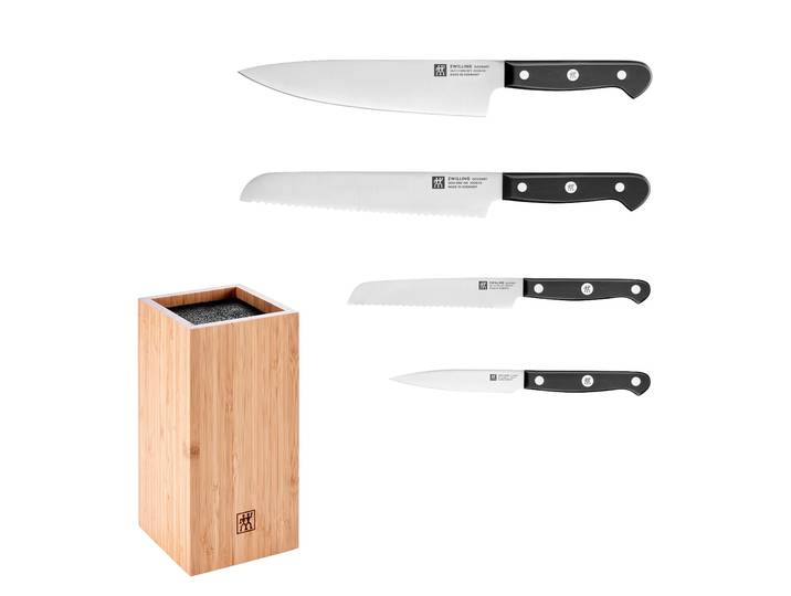Messerblock ZWILLING Gourmet, inkl. 4 Messer , braun, B:12cm H:24cm L:12cm, Messerblöcke, Messerblock, mit flexiblen Kunststoff-Borsten, Bambus