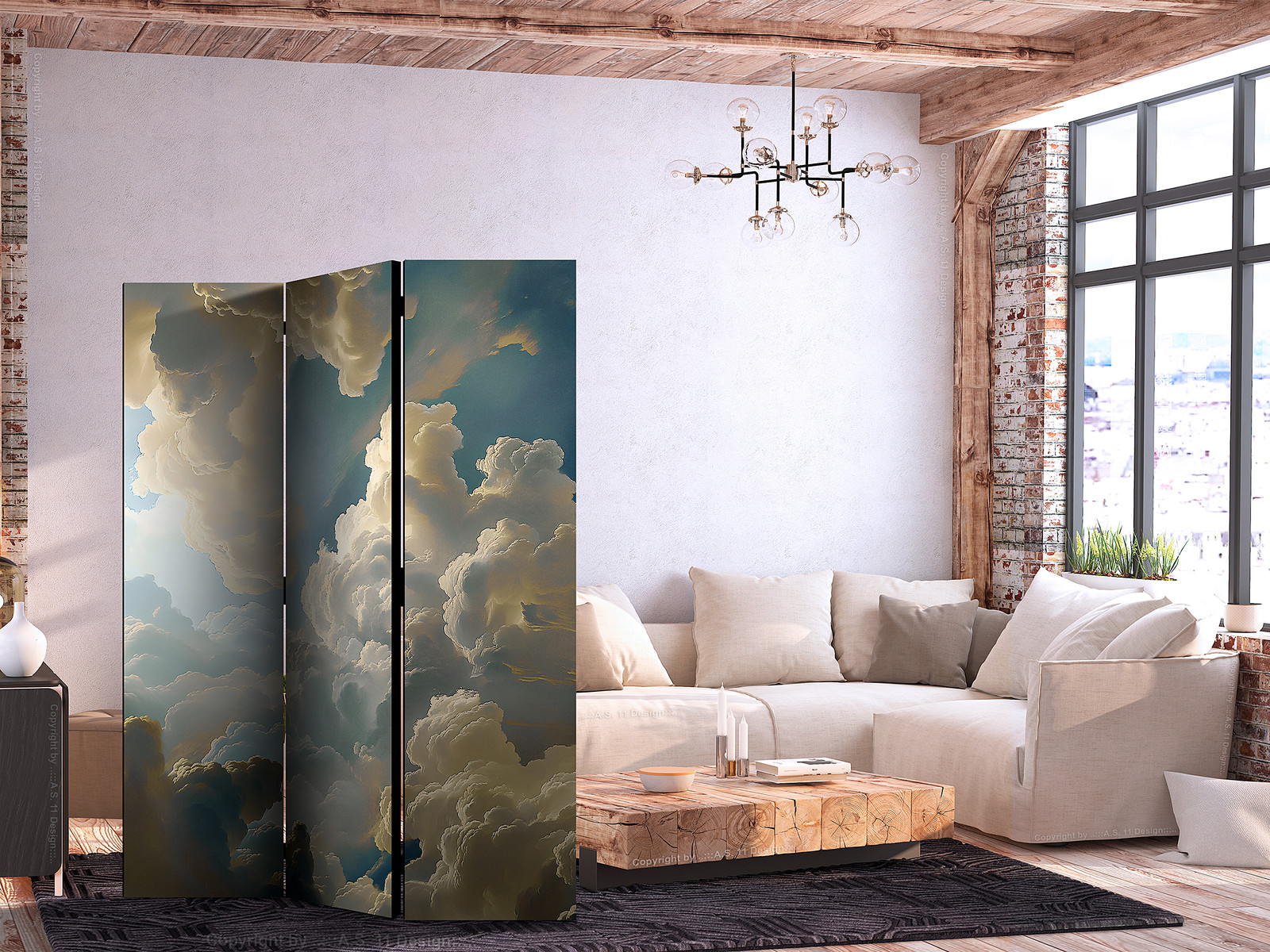 home24 Paravent Sun & Shadows 2-zijdig blauw/beige 135 x 172 cm
