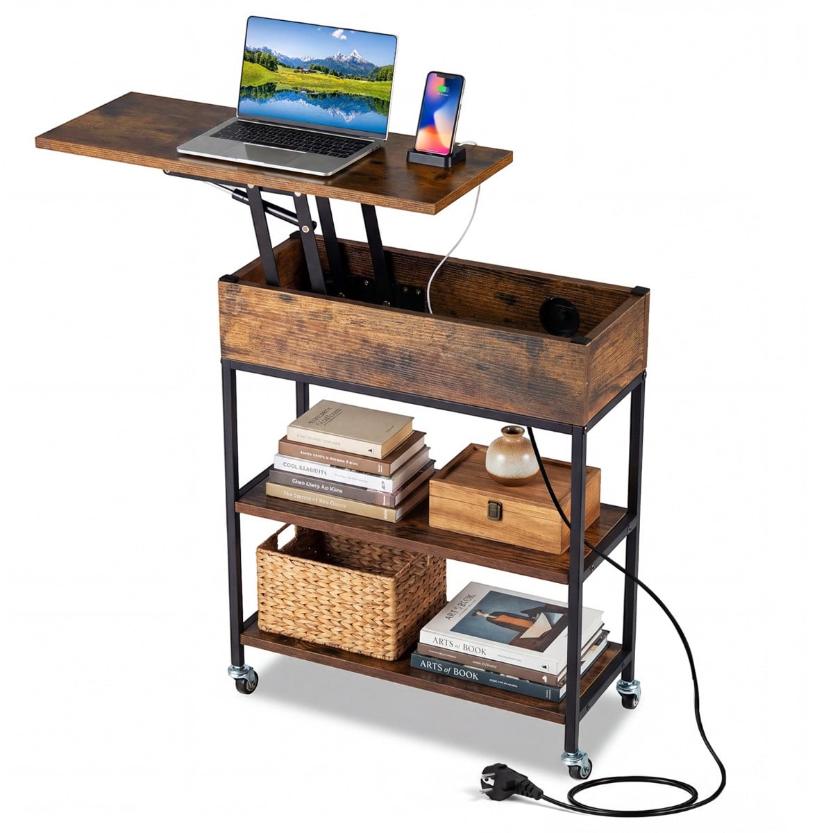 Costway Verrijdbare Salontafel met Hefplaat, Oplaadstation en Open Planken