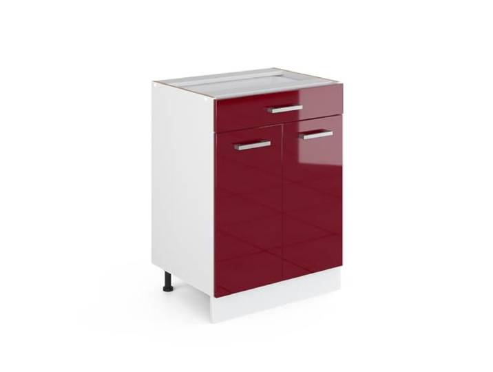 Vicco Küchenunterschrank R-Line , Rot Hochglanz/Weiß 60 cm 1 Schublade · Ohne Arbeitsplatte · Höhenverst. Füße · 2 Türen · Leichter Zugriff