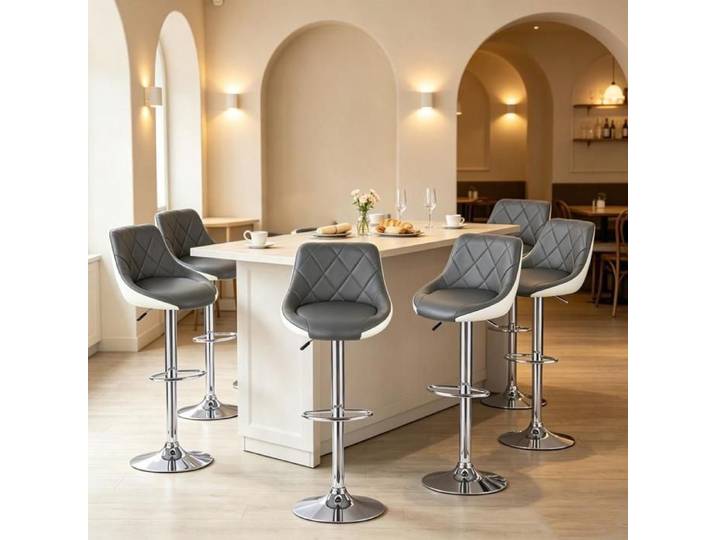 PIPIPOXER Lot de 6 Tabourets de Bar Bicolore Réglable Pivotant 360° Siège Simili-Cuir Bar Gîte Grande Cuisine Ouverte GrisBlanc