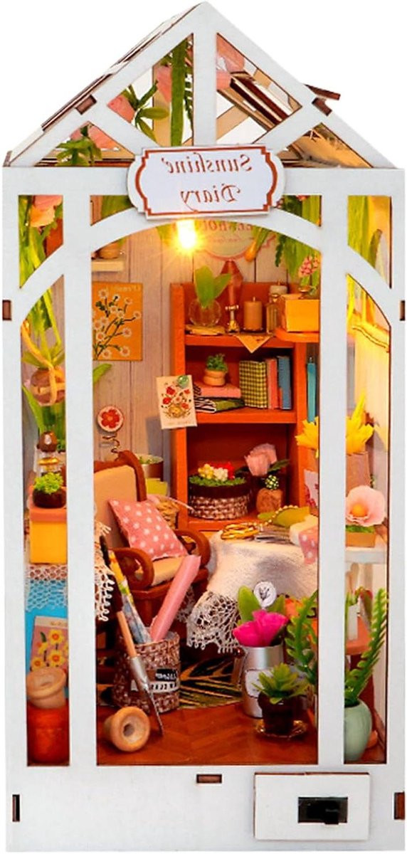 Miniatuur Boekensteun Huisje - Houten Bouwpakket met LED Verlichting - 18.5 cm