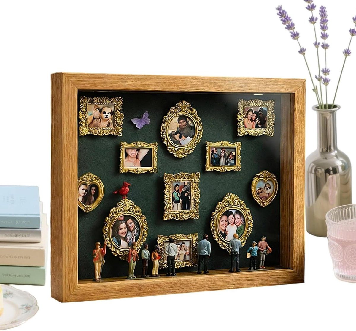 Miniatuur Fotolijst Museum Displaykast met LED Verlichting - 11 Delen - Houtkleurig