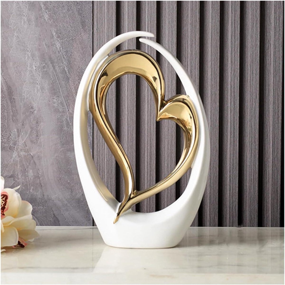 Decoratieve Hartsculptuur - Abstract Keramisch Kunstbeeld in Witgoud - Hoogte: 31 cm