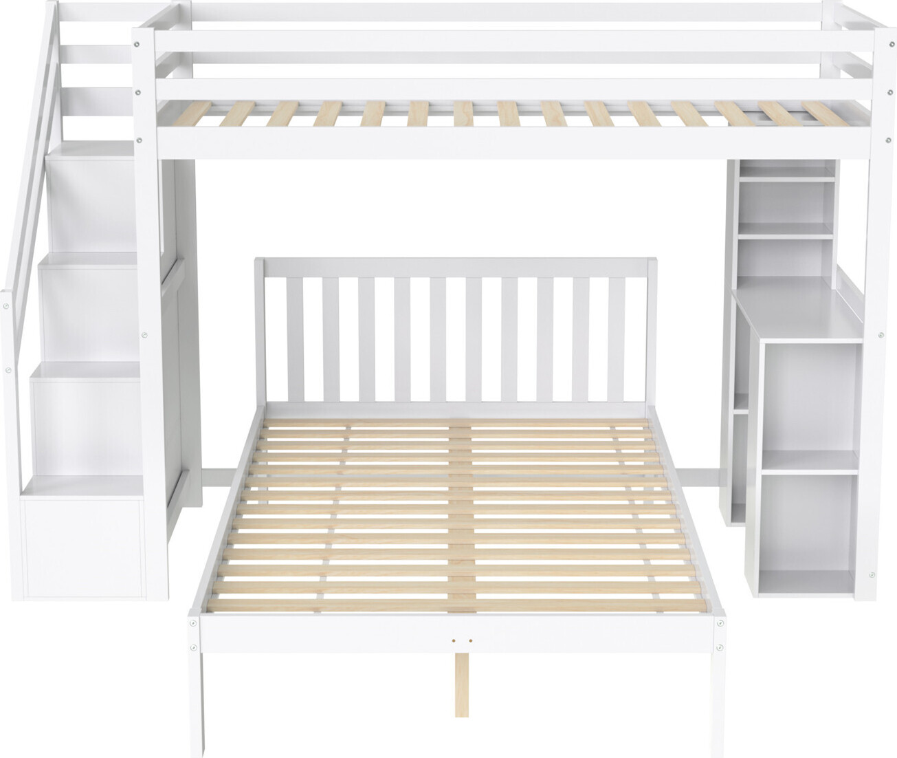 Etagenbett mit seitlichen Ablagen, 90*200cm+120*200cm, Multifunktionales Kinderbett, Kinder-Etagenbett, Mit Stautreppe, Großer Stauraum,Kiefer + MDF