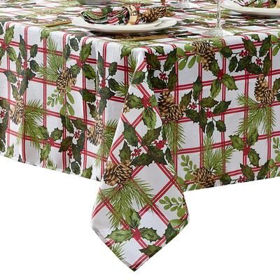 Threadmade Pinecone Plaid Holiday Fabric Tablecloth