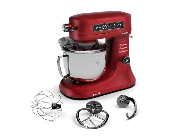 Klarstein Chiara Küchenmaschine Knetmaschine 1600W, 5L Edelstahlschüssel, 12 Geschwindigkeiten, LCD-Touch-Display, ≤72 dB, Rot