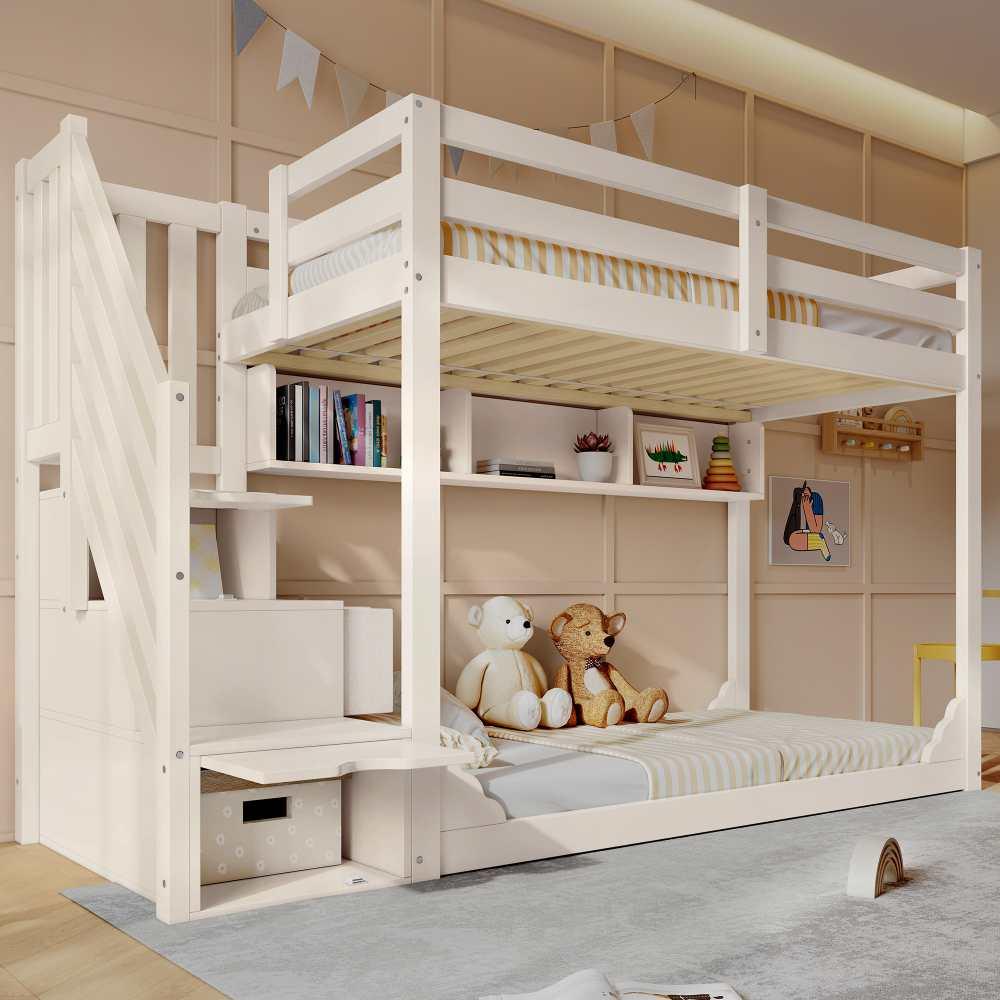 Raumsparendes Kinder-Etagenbett aus Holz mit Treppenschrank, Sicherheitsgeländer und Ablagefächern, ideal für Geschwister, 90x200 cm, Weiß