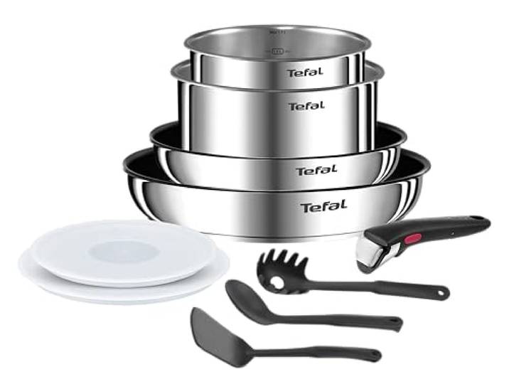 Tefal Ingenio Kochgeschirr-Set, 10-teilig, Pfannen, Töpfe, luftdichte Deckel, abnehmbarer Griff, Induktion, Edelstahl, stapelbar, Antihaftbeschichtung, spülmaschinenfest, Emotion L8971S04