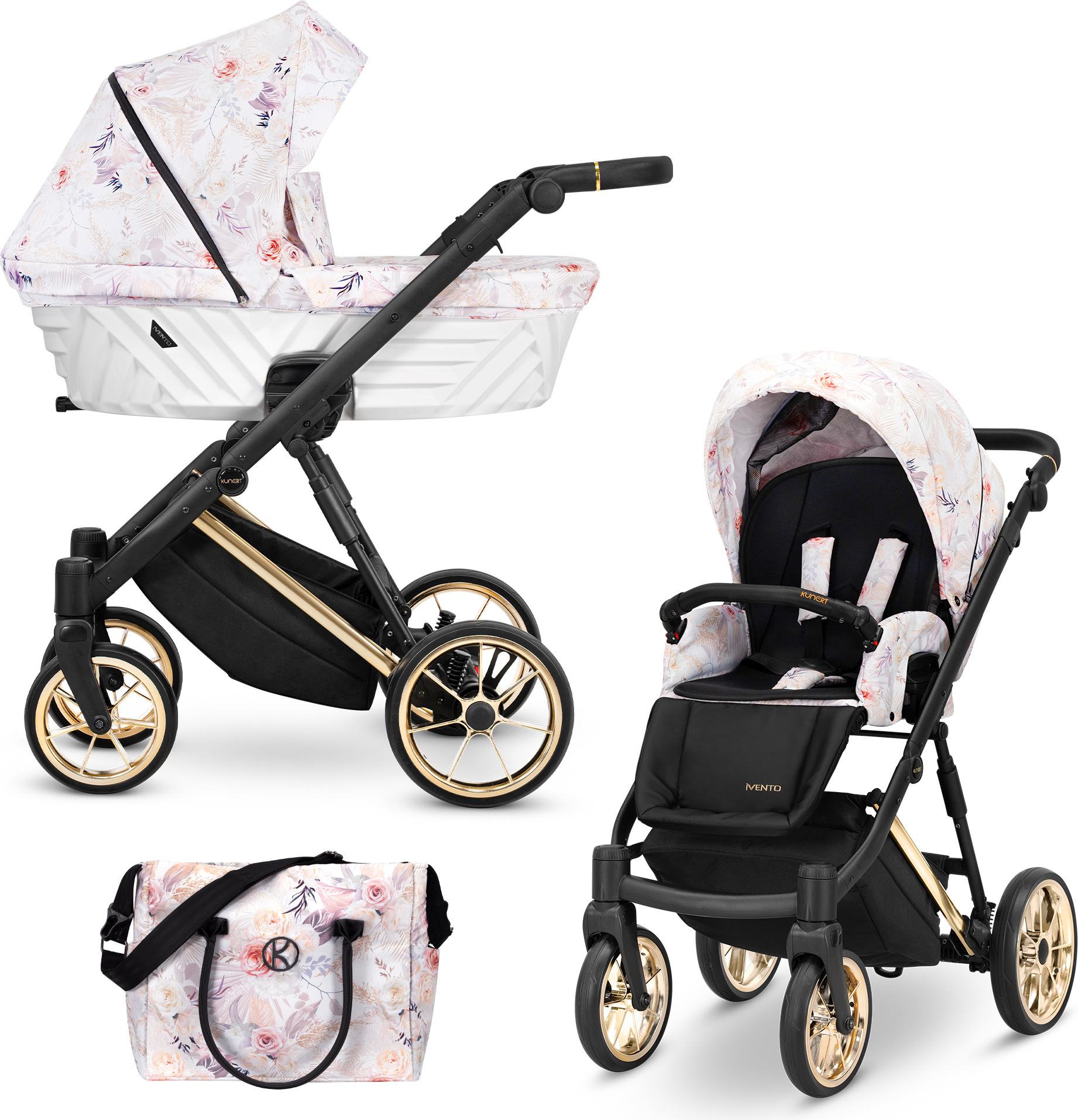 Kinderwagen IVENTO Sportwagen Babywagen Babyschale Komplettset Kinder Wagen Set 2 in 1 (Delicate Flowers, Rahmenfarbe: Gold)