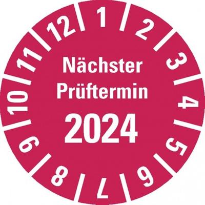 Dreifke® Prüfplakette Nächster Prüftermin 2024, rot, Polyesterfolie, Spez., Ø20mm, 36 Stk.
