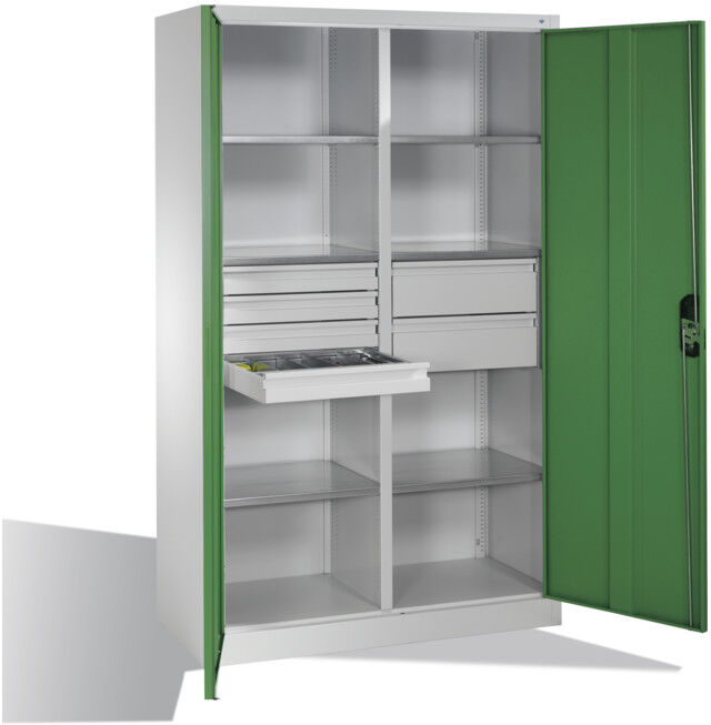 Armoire à outils C+P avec portes battantes, 6 tablettes, 6 tiroirs, H1950xL1200xP500mm, gris clair/vert réséda ; C + P Möbelsysteme (8931-3041 S10160)