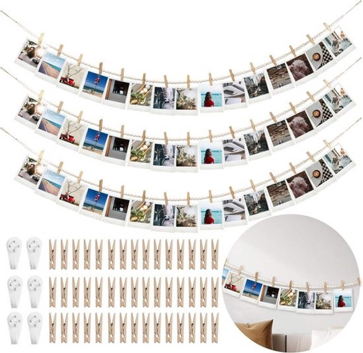 Boho Houten Kraal Slinger Fotodisplay Wanddecoratie met Clips voor Slaapkamer of Kantoor