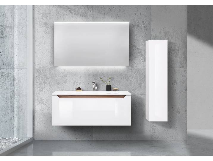 Design Badmöbel Set 120 cm, mit Hochschrank und Led Spiegel