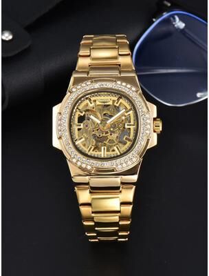 Youfap Market Automatic Man Watch, Luxury Stainless Steel Mechanical Skeleton Waterproof Diamond Watch golden