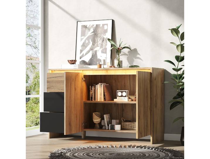 STILVORA Sideboard mit 3 Schubladen und 2 Türen, Küchenschrank mit mehrfarbigen LED-Lichteffekten, Kommode für Wohnzimmer, Esszimmer und Flur