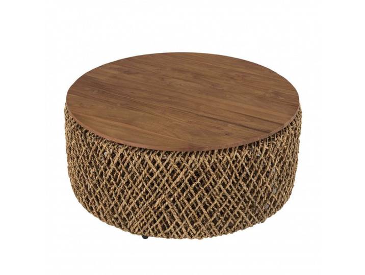 MACABANE SIXTINE - Table basse ronde diam85 rotin plateau bois de teck recyclé